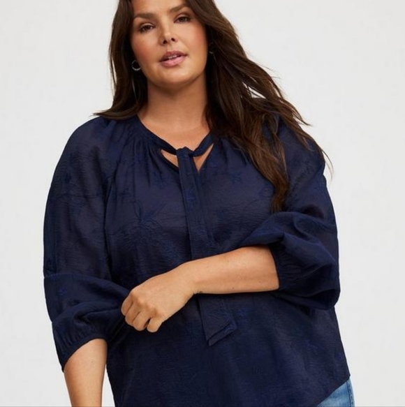 Torrid Chiffon Embroidered Tie Front Peasant Top Blouse - Picture 2 of 11